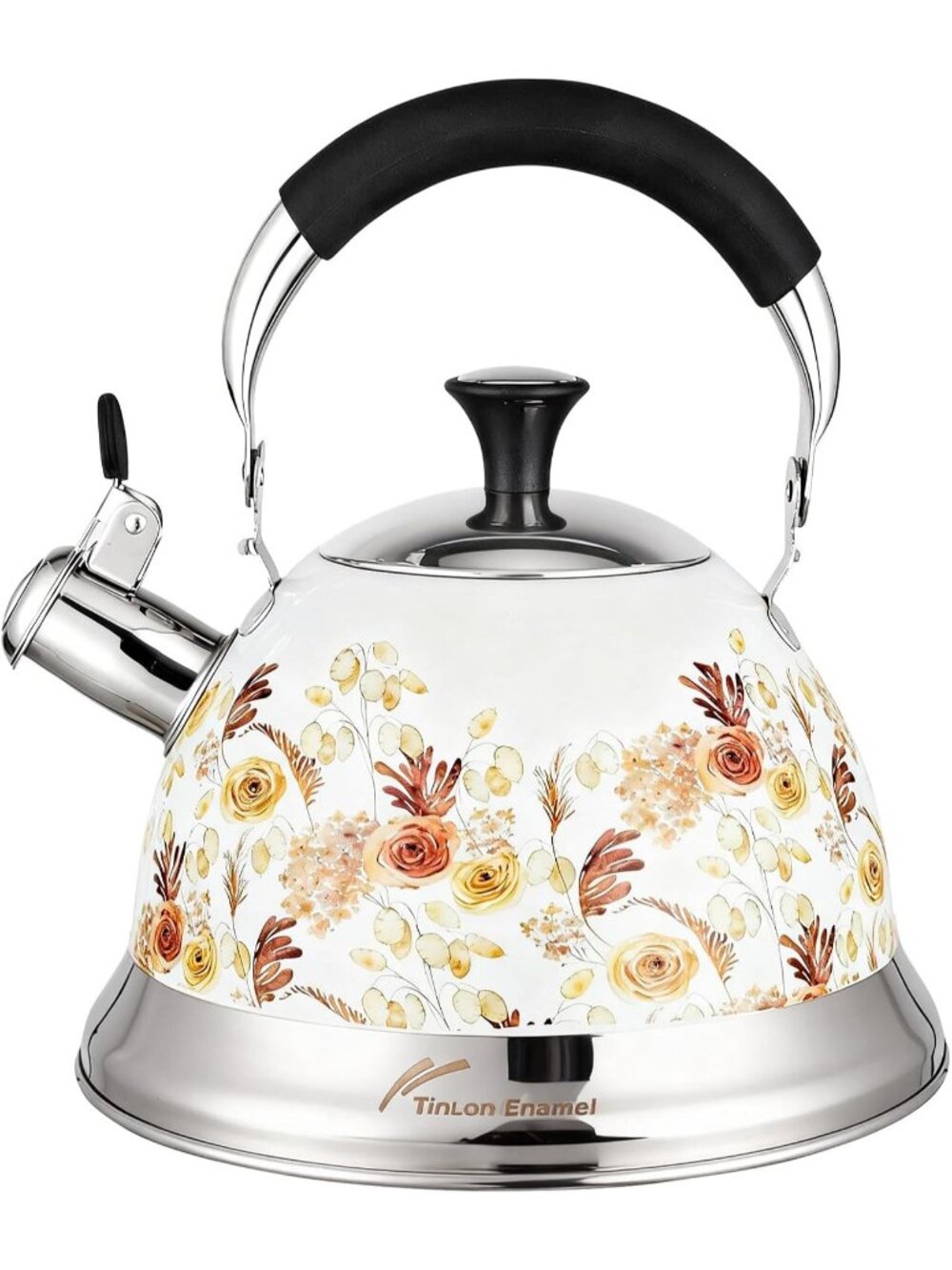 White Rose Flower 304 Stainless Steel Whistling Tea Kettle 3.1 Quart Stovetop